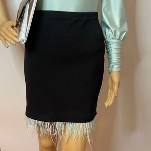 Black mini skirt w added real aqua ostrich feather